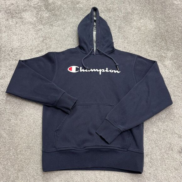 Champion Hoodie Graphic Pullover Sweatshirt Mens Small Navy Blue Fleece Active - Picture 1 of 15